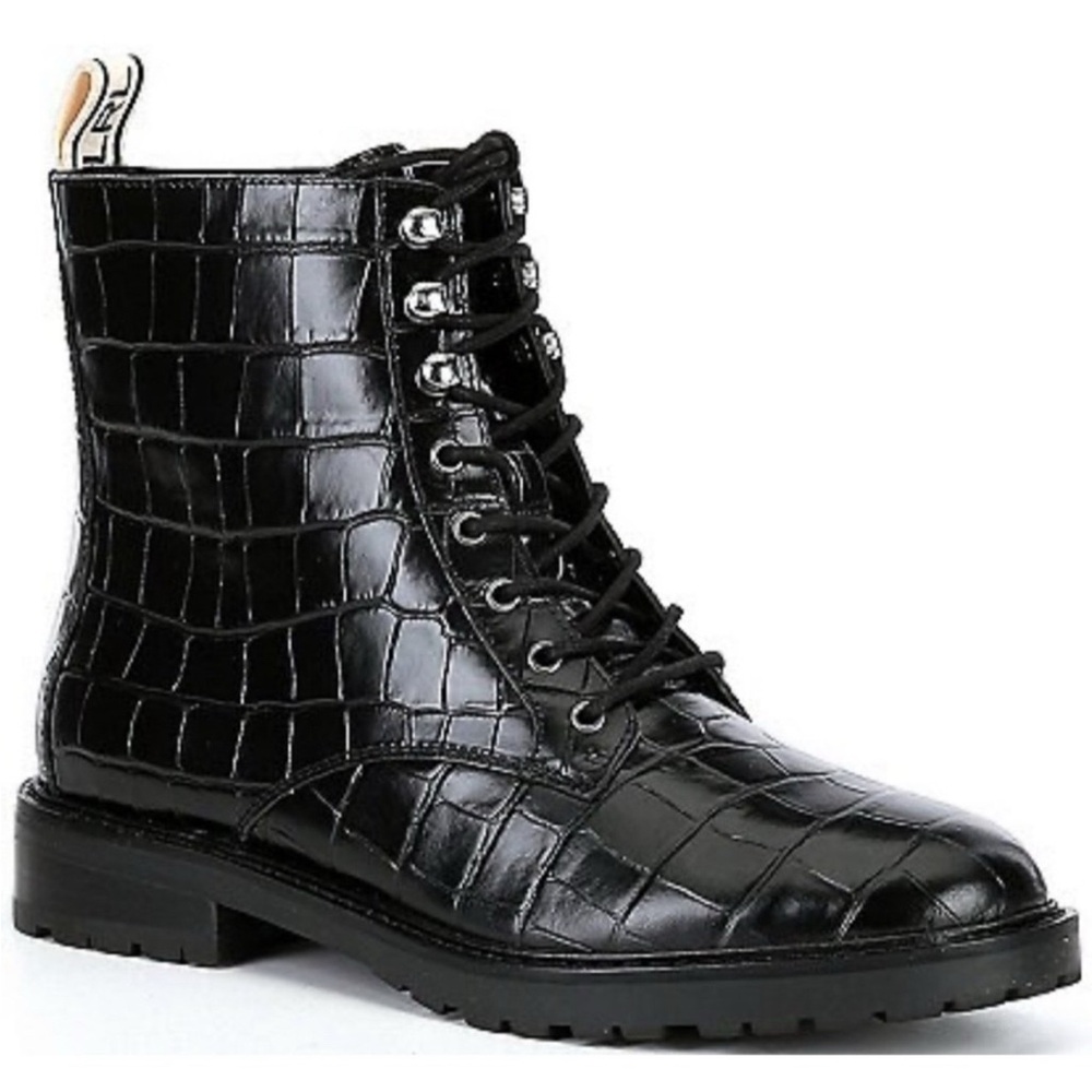 Lauren Ralph Lauren Black Croc-Embossed “Ensley” Leather Ankle Boots, Sz 7.5